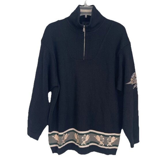 Bogner Vintage Black 100% Wool Embroidered Quarter Zip Sweater Lions Ski